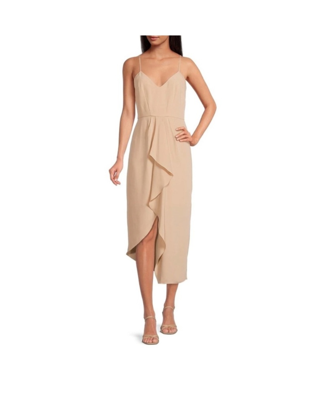 Gianni Bini Monique V-Neck
Spaghetti Strap Ruffle
Asymmetrical in Beige
